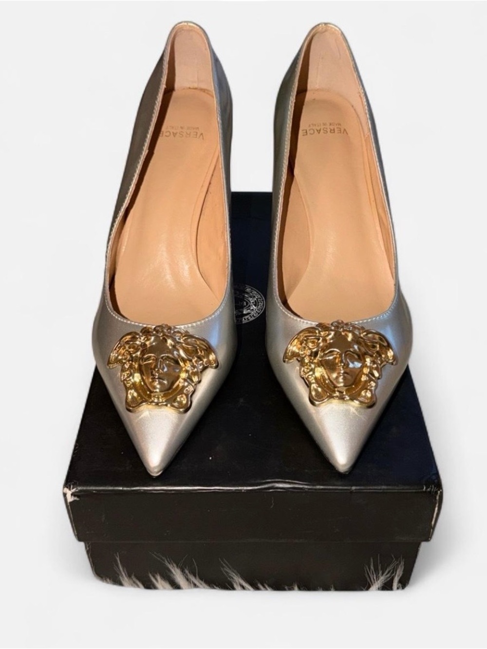 Versace Silver Pointed Toe Pumps with Gold Medusa
